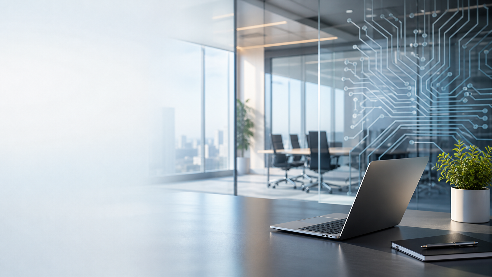 Modern technology workspace with computers and glass office details